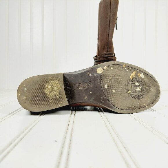 Chaps Gari Brown Leather Slip On Buckle Detail Side Zipper Mid-Shaft Boots D208 - Picture 10 of 12